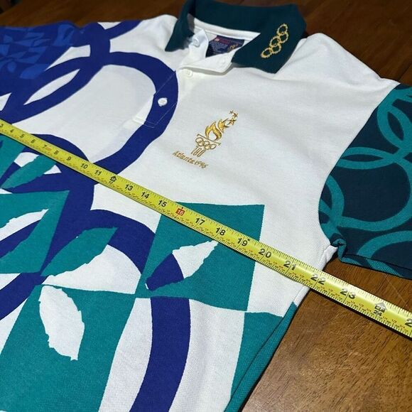 Vintage 1996 Atlanta Olympic Games Polo Shirt All Over print Logo Hanes Mens M - Picture 7 of 8